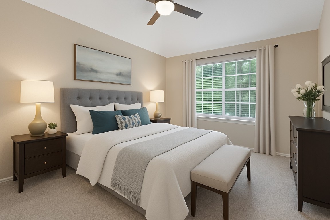 15202 Sun-Bird Lane Austin, TX 78734 - Photo 10 of 28 a bedroom with a bed and a chandelier