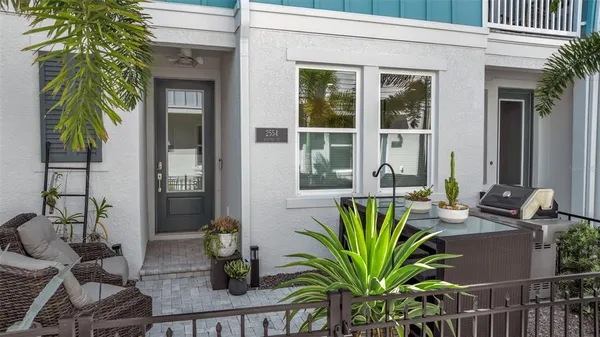 a potted plant sitting in front of a house