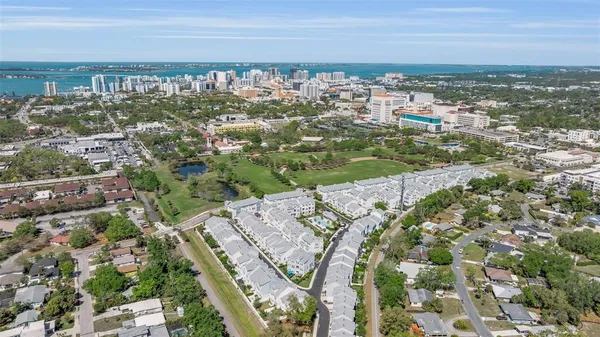 an aerial view of residential houses with outdoor space