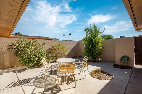 a view of a patio with couches and potted plants