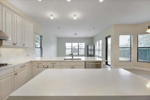 a large kitchen with kitchen island a stove a sink and cabinets