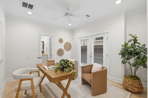 a view of a bench in the patio