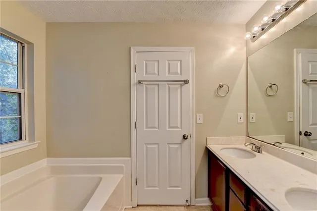 a bathroom with a tub sink vanity granite and a mirror