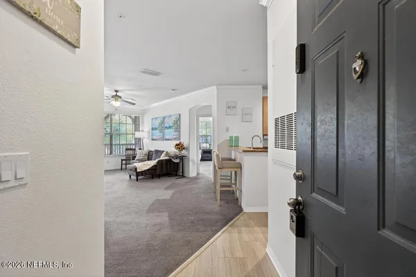 a view of a dining room with furniture