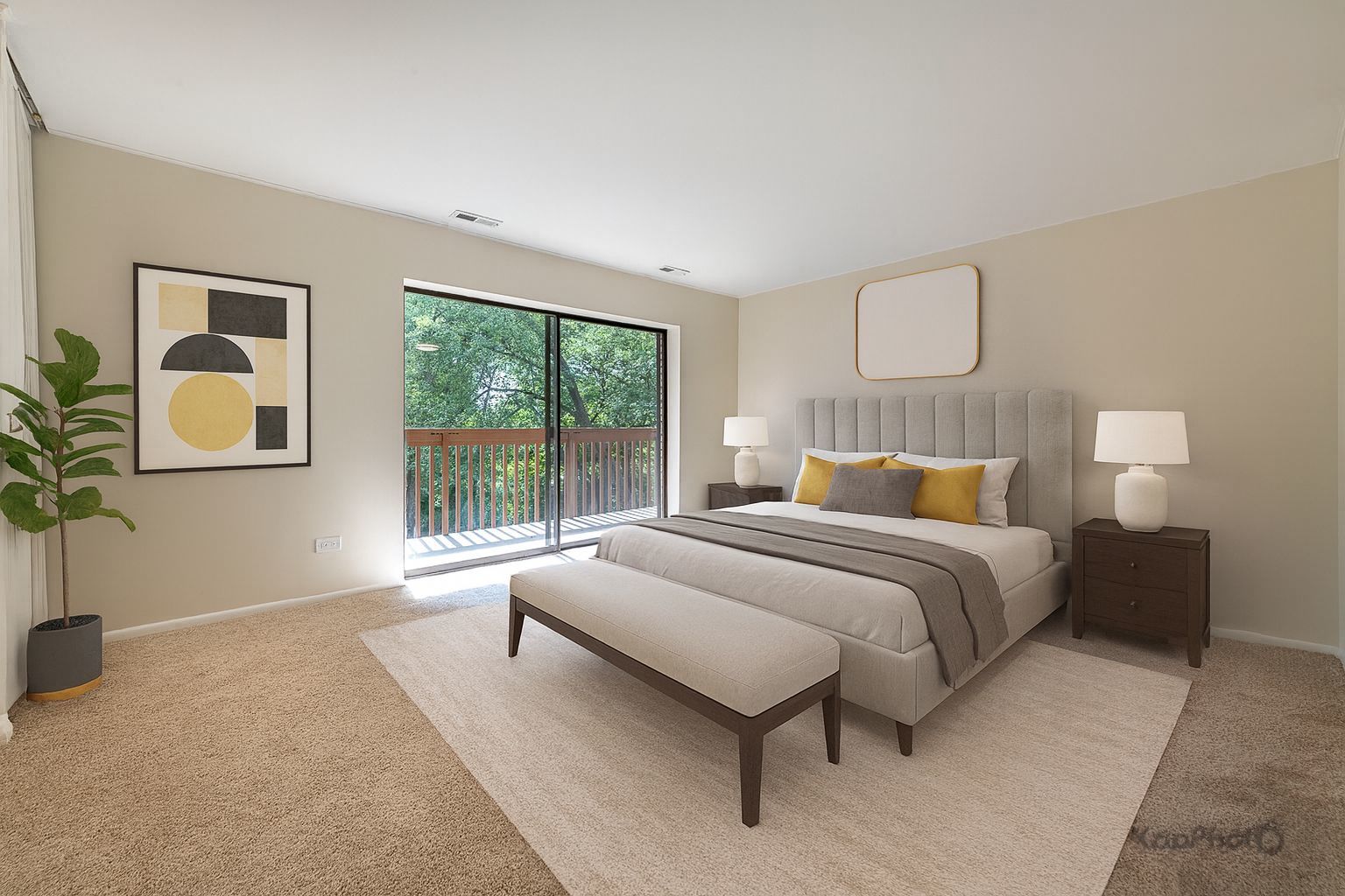 120 Lakeview Drive, Unit 318 Bloomingdale, IL 60108 - Photo 13 of 31 a bedroom with a large bed and a potted plant next to a window