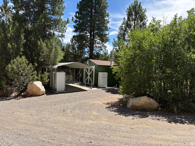 700 West Gravel Road North Kanab, UT 84741 - Photo 14 of 63 Gravel driveway with a metal carport structure, surrounded by mature trees and shrubs
