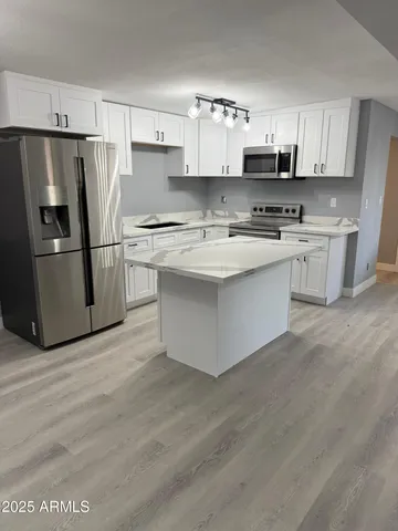 a kitchen with stainless steel appliances a sink a stove a refrigerator and cabinets