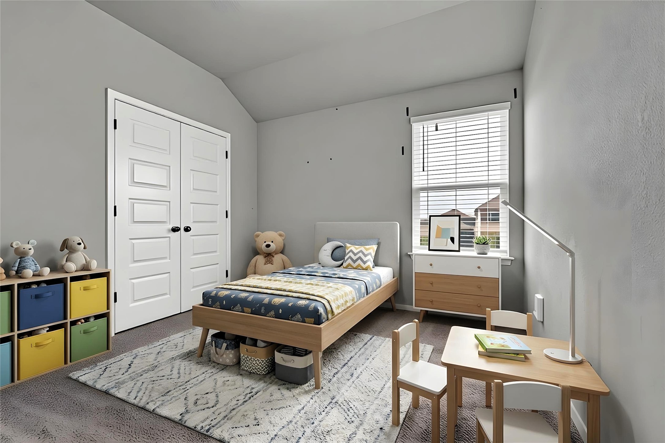 101 Crescent Street Georgetown, TX 78626 - Photo 26 of 39 Virtually staged - Bedroom #3 features vaulted ceilings and plush carpeting, creating a comfortable living space.