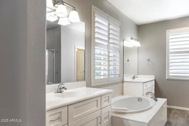 a bathroom with a sink double vanity and a mirror