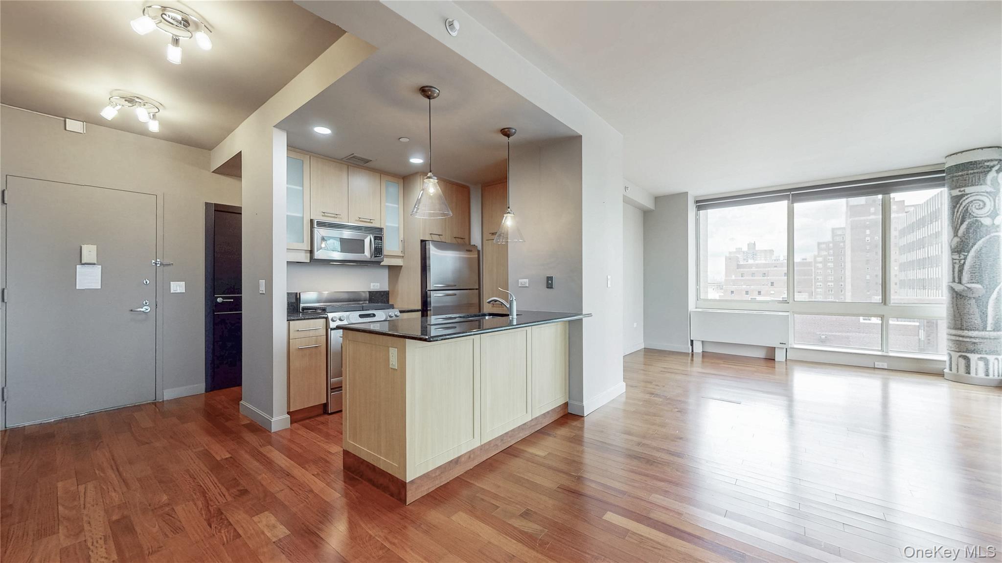 10724 71st Road, Unit 7E Queens, NY 11375 - Photo 7 of 21 Kitchen featuring stainless steel appliances, decorative light fixtures, light wood-style floors, glass insert cabinets, and recessed lighting