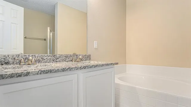 a bathroom with a granite countertop sink and a bathtub