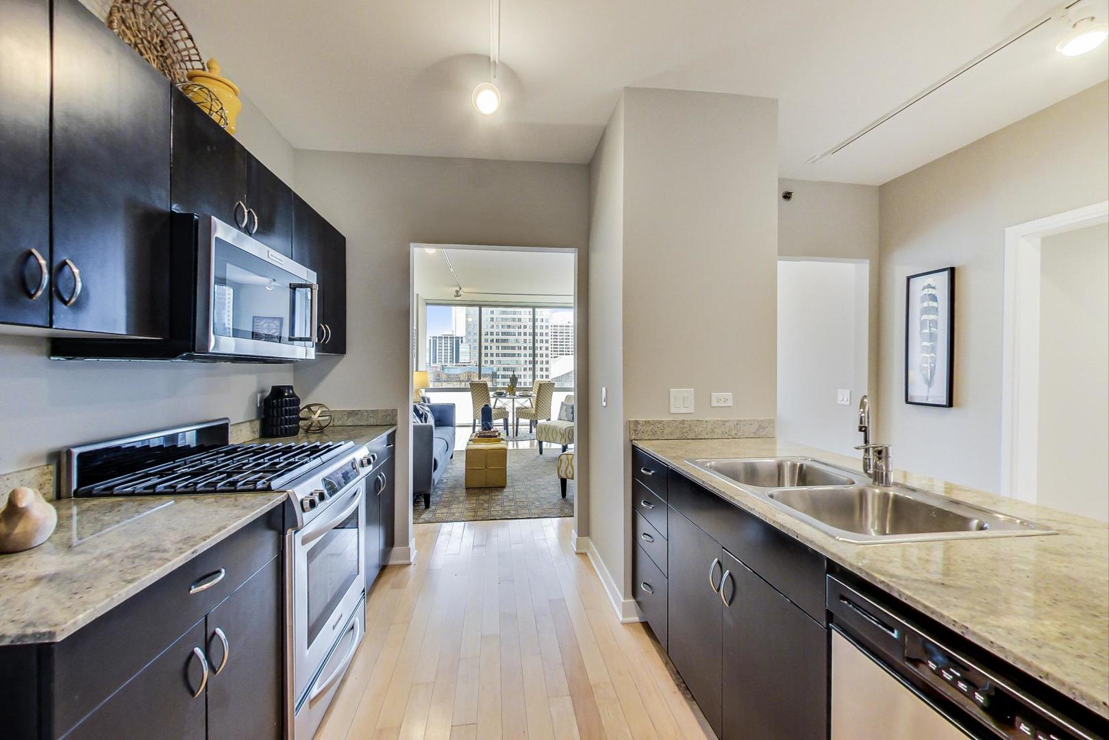 8 East Randolph Street, Unit 2207 Chicago, IL 60601 - Photo 14 of 29 a kitchen with stainless steel appliances granite countertop a sink stove and cabinets
