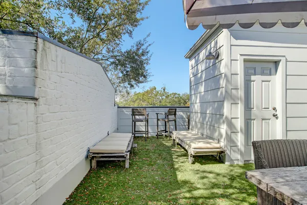 a garden view with a bench