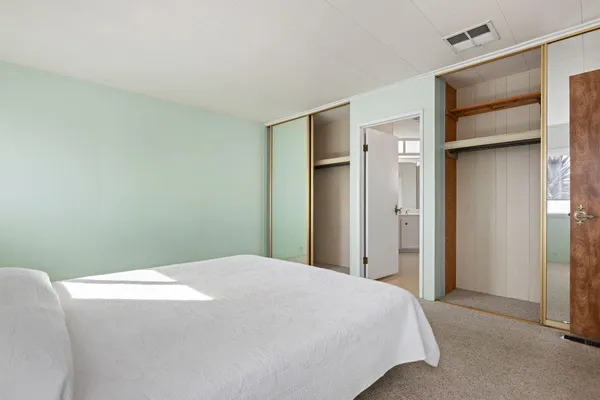 a bedroom with a bed and closet