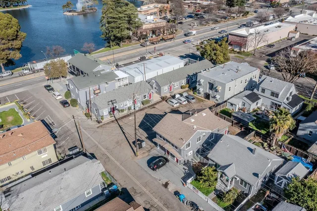 an aerial view of a house with outdoor space