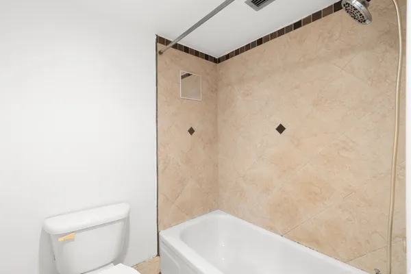 a bathroom with a bathtub and a toilet