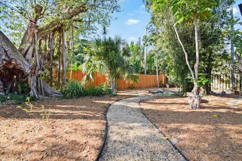 a view of a wooden door with a tree