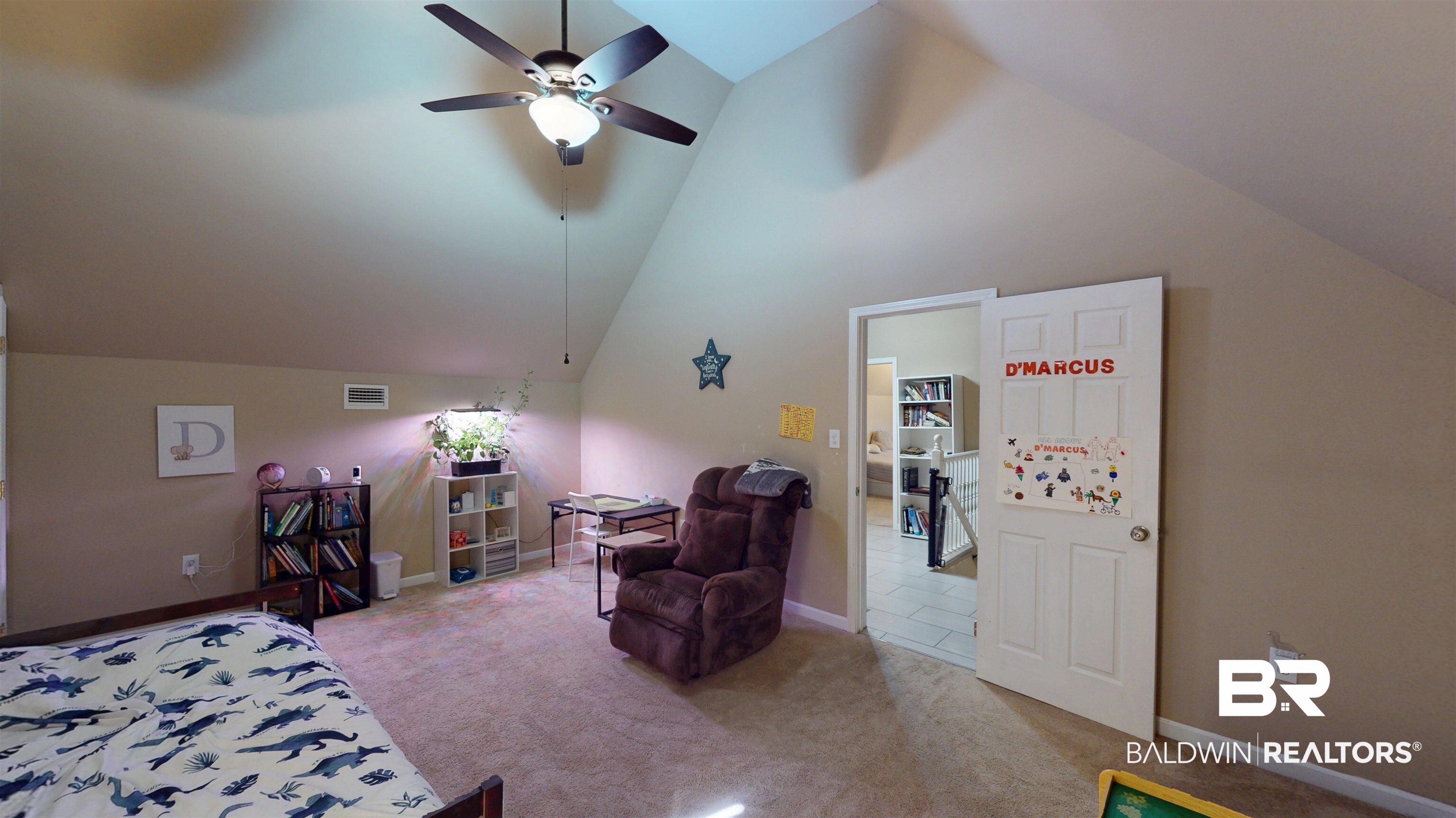 1154 New St Francis Street Mobile, AL 36604 - Photo 28 of 37 Carpeted bedroom with visible vents, baseboards, high vaulted ceiling, and a ceiling fan