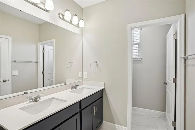 a bathroom with a sink double vanity and a mirror