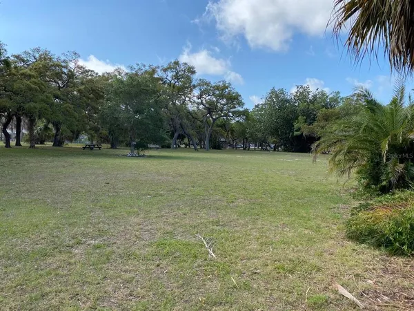 a view of a field with an trees in the background