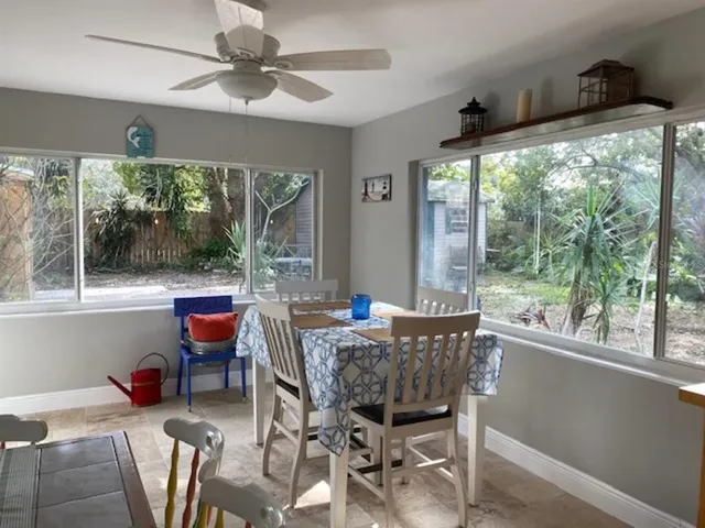 a view of a dining room with furniture window and outside view