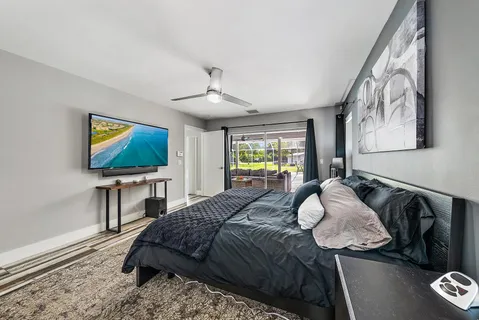 a bedroom with a bed and flat screen tv