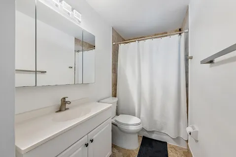 a bathroom with a sink a toilet and shower