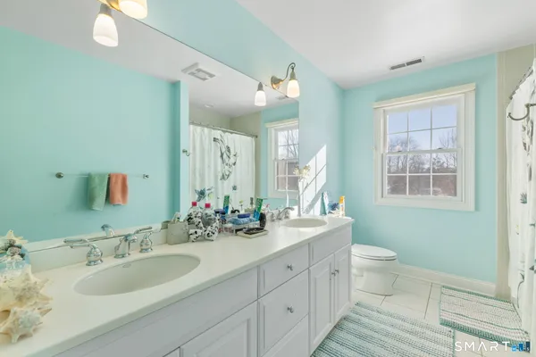 a bathroom with a double vanity sink a mirror and a toilet