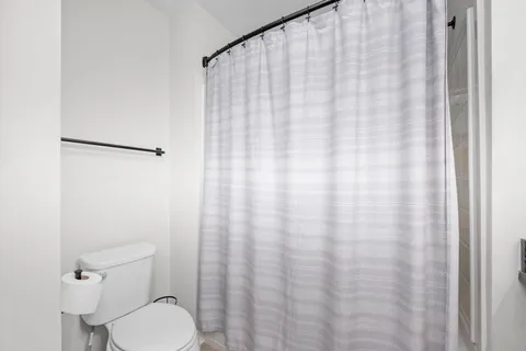 a white toilet sitting next to a shower curtain
