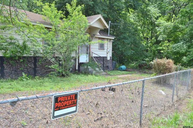 a backyard of a house with plants and tree