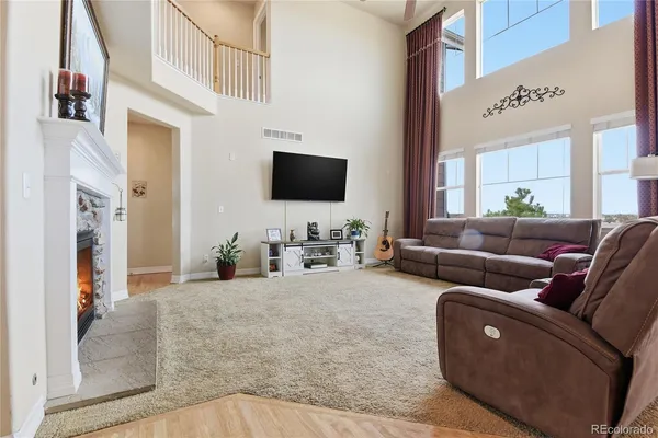 a living room with a couch and a potted plant on it