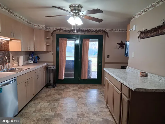 a kitchen with a sink a counter space and appliances