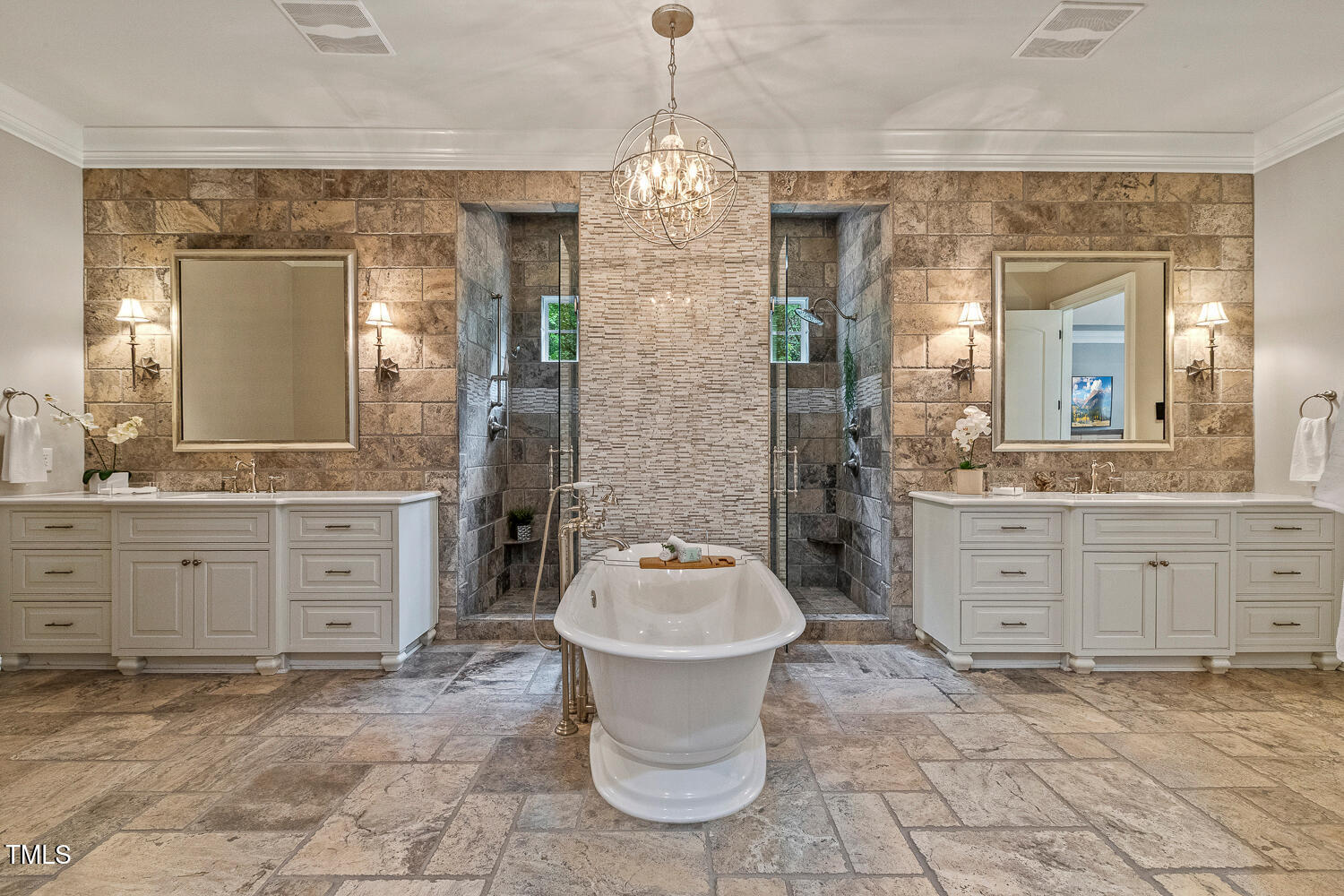 1205 Queensferry Road Cary, NC 27511 - Photo 19 of 63 a bathroom with a sink vanity granite tub and a mirror
