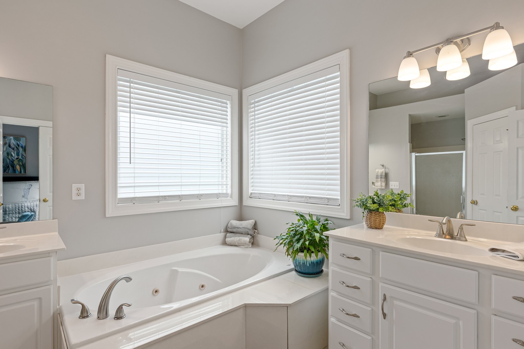 5048 Abington Ridge Lane Franklin, TN 37067 - Photo 38 of 64 a bathroom with a bathtub a sink a large mirror and vanity