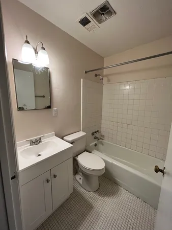 a bathroom with a double vanity sink toilet mirror and bathtub