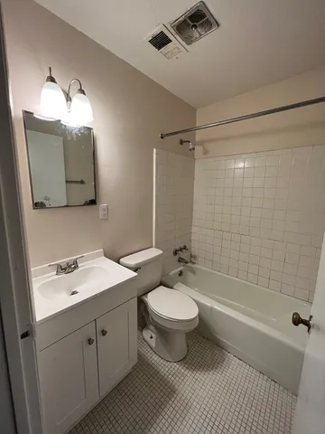 a bathroom with a double vanity sink toilet mirror and bathtub