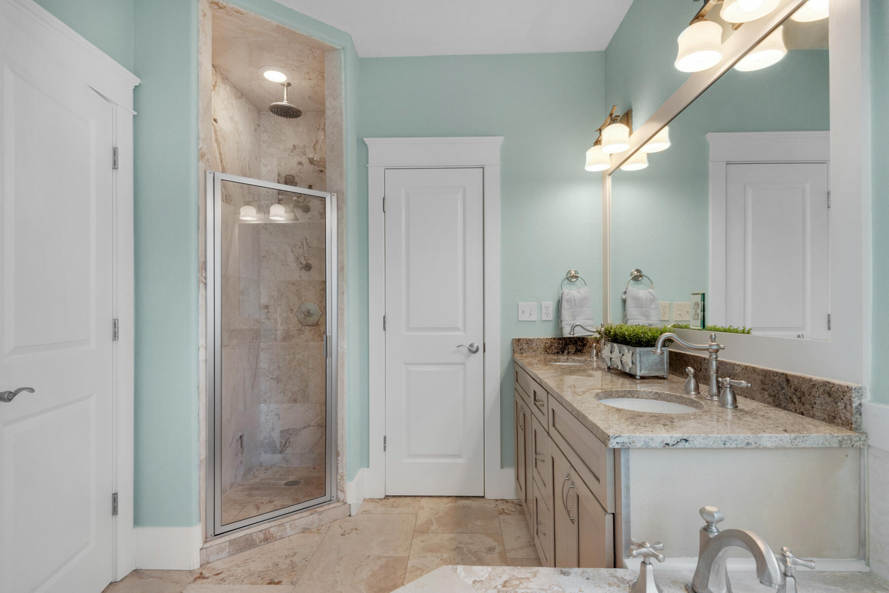 18 Merri Way Santa Rosa Beach, FL 32459 - Photo 17 of 49 a bathroom with a granite countertop sink a mirror and a shower