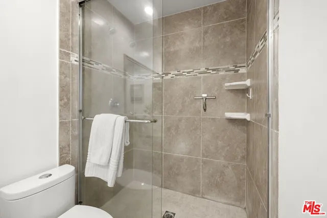 a bathroom with a shower and toilet
