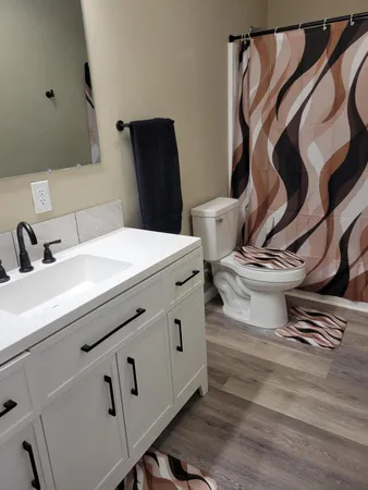 a bathroom with a sink a toilet and a mirror