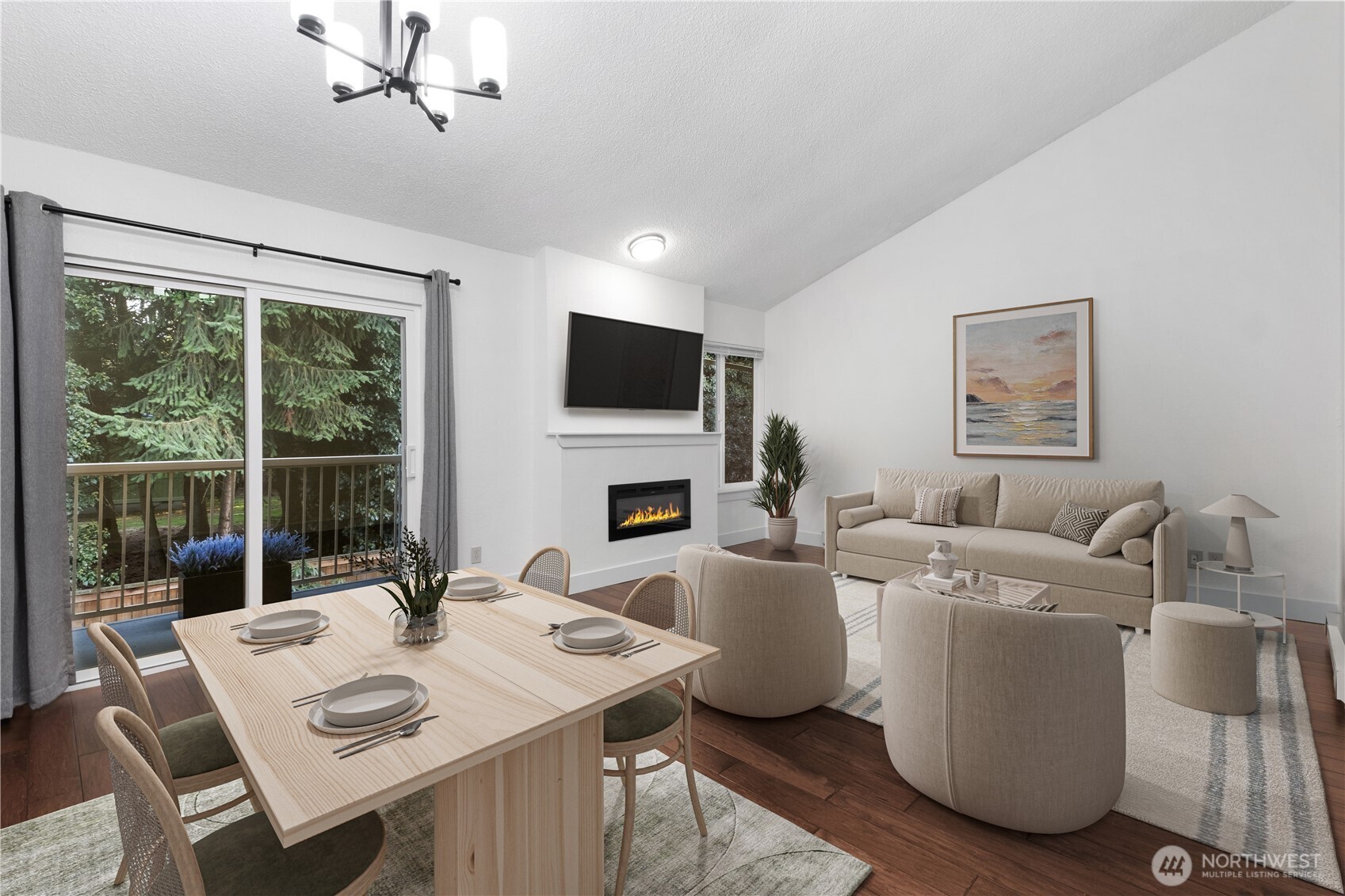 14401 Southeast Petrovitsky Road, Unit B209 Renton, WA 98058 - Photo 10 of 35 a living room with furniture a fireplace and a flat screen tv