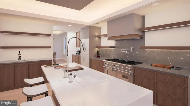 a kitchen with a sink a stove and chairs