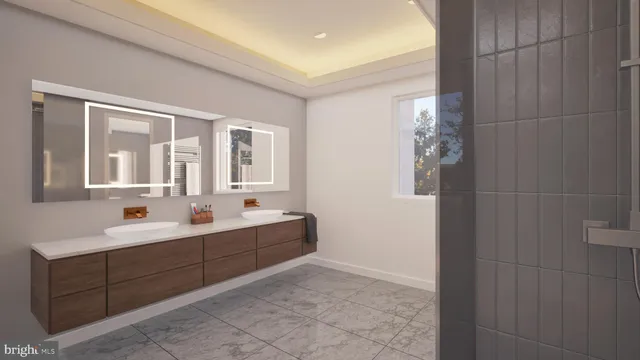 a bathroom with a double vanity sink and mirror with shower