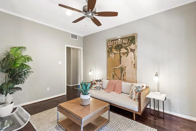 a living room with furniture and a potted plant