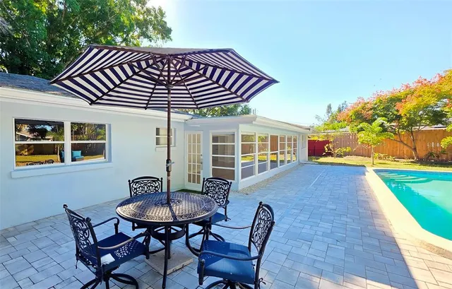 a view of a house with backyard and sitting area