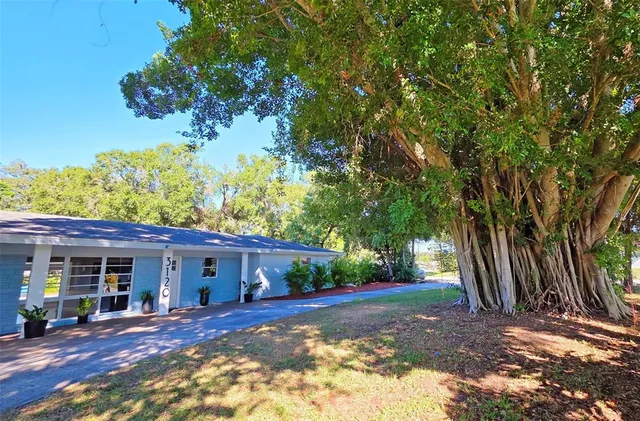 a view of a house with a tree in the background