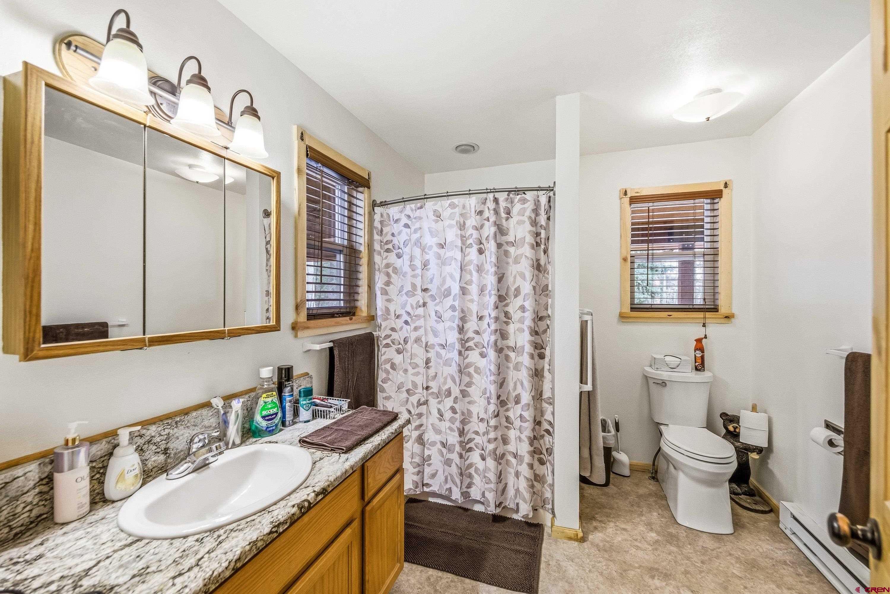 200 Lake Road Cimarron, CO 81220 - Photo 14 of 45 a bathroom with a granite countertop sink and a mirror