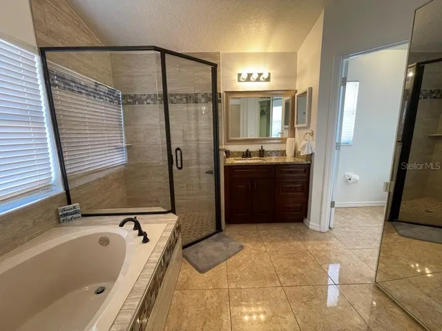 a bathroom with a tub a sink and mirror