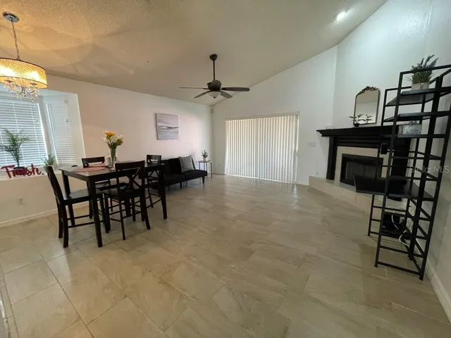 a view of a dining room with furniture