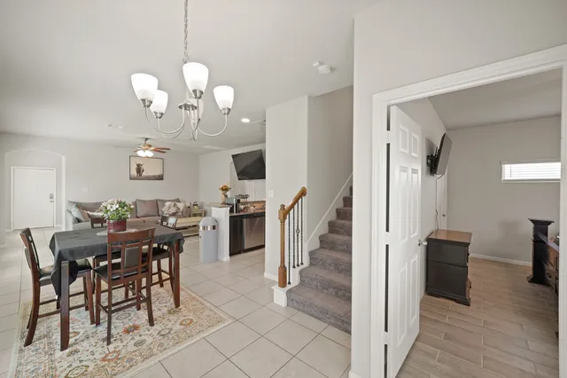 a view of a dining room with furniture