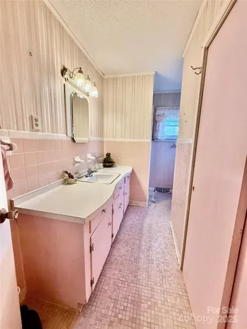 a bathroom with a sink a mirror and a shower